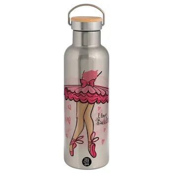 I Love Ballet, Μεταλλικό παγούρι θερμός (Stainless steel) Ασημένιο με ξύλινο καπακι (bamboo), διπλού τοιχώματος, 750ml