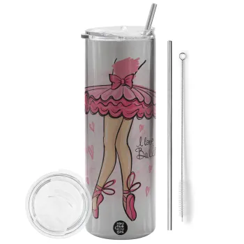 I Love Ballet, Tumbler ποτήρι θερμό Ασημένιο από ανοξείδωτο ατσάλι 600ml, με μεταλλικό καλαμάκι & βούρτσα καθαρισμού