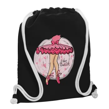 I Love Ballet, Τσάντα πλάτης πουγκί GYMBAG Μαύρη, με τσέπη (40x48cm) & χονδρά λευκά κορδόνια