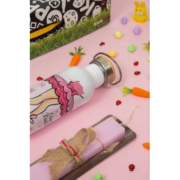 I Love Ballet, Easter Set, SS Metallic water bottle (620ml, stainless steel) & scented flat Easter candle (30cm) (PINK)