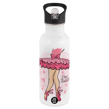 I Love Ballet, Παγούρι νερού Λευκό με καλαμάκι, ανοξείδωτο ατσάλι 600ml