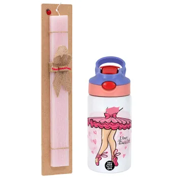 I Love Ballet, Easter Set, Children's thermal stainless steel water bottle with safety straw, pink/purple (350ml) & Easter scented flat candle (30cm) (PINK)