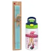Easter Set, Children's thermal stainless steel bottle with safety straw, green/blue (350ml) & aromatic flat Easter candle (30cm) (TURQUOISE)