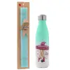 Easter Set, Metallic green/white thermos (Stainless steel), double-walled, 500ml & scented flat Easter candle (30cm) (TURQUOISE)
