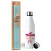 Easter Set, metallic stainless steel water bottle (750ml) & aromatic flat Easter candle (30cm) (TURQUOISE)