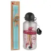 Easter Set, metallic silver aluminum water bottle (500ml) & scented flat Easter candle (30cm) (TURQUOISE)