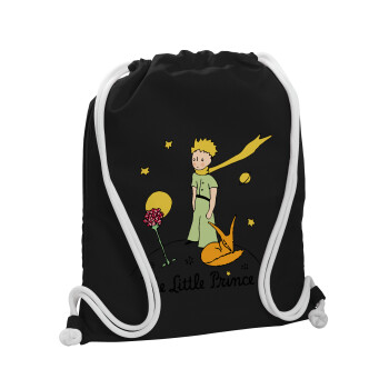 Ο μικρός πρίγκιπας classic, Τσάντα πλάτης πουγκί GYMBAG Μαύρη, με τσέπη (40x48cm) & χονδρά λευκά κορδόνια
