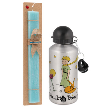 The Little prince classic, Easter Set, metallic silver aluminum water bottle (500ml) & scented flat Easter candle (30cm) (TURQUOISE)
