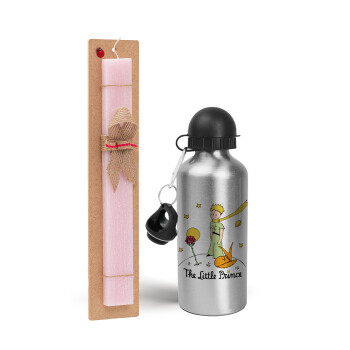 The Little prince classic, Easter Set, metallic Silver aluminum water bottle (500ml) & scented flat Easter candle (30cm) (PINK)