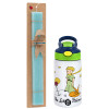 Easter Set, Children's thermal stainless steel bottle with safety straw, green/blue (350ml) & aromatic flat Easter candle (30cm) (TURQUOISE)
