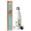 Easter Set, metallic stainless steel water bottle (750ml) & aromatic flat Easter candle (30cm) (TURQUOISE)