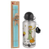 Easter Set, metallic silver aluminum water bottle (500ml) & scented flat Easter candle (30cm) (TURQUOISE)