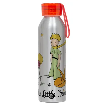Ο μικρός πρίγκιπας classic, Αλουμινένιο Αθλητικό Μπουκάλι 650ml – Ασημί με Κόκκινο Καπάκι και Λουράκι Σιλικόνης