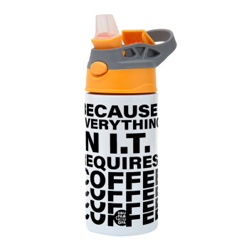 Because everything in I.T. requires coffee, Παιδικό παγούρι θερμό, ανοξείδωτο, με καλαμάκι ασφαλείας, Πορτοκαλί/Γκρι (360ml) BPA-FREE