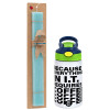 Easter Set, Children's thermal stainless steel bottle with safety straw, green/blue (350ml) & aromatic flat Easter candle (30cm) (TURQUOISE)