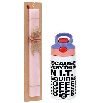 Because everything in I.T. requires coffee, Easter Set, Children's thermal stainless steel water bottle with safety straw, pink/purple (350ml) & Easter scented flat candle (30cm) (PINK)