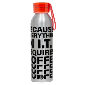 Because everything in I.T. requires coffee, Αλουμινένιο Αθλητικό Μπουκάλι 650ml – Ασημί με Κόκκινο Καπάκι και Λουράκι Σιλικόνης
