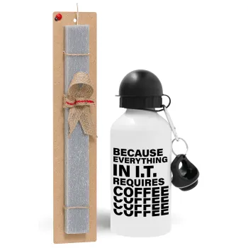 Because everything in I.T. requires coffee, Πασχαλινή Λαμπάδα με παγούρι μεταλλικό  αλουμινίου (500ml) & κερί αρωματικό πλακέ (30cm) (ΓΚΡΙ)