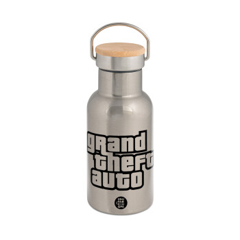 GTA (grand theft auto), Stainless steel metallic thermos flask, silver with a bamboo lid, double-walled, 350ml.