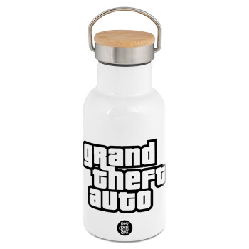 GTA (grand theft auto), Μεταλλικό παγούρι θερμός (Stainless steel) Λευκό με ξύλινο καπακι (bamboo), διπλού τοιχώματος, 350ml