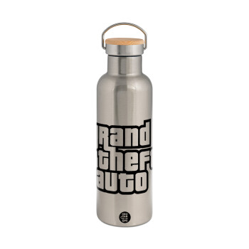 GTA (grand theft auto), Stainless steel Silver with wooden lid (bamboo), double wall, 750ml