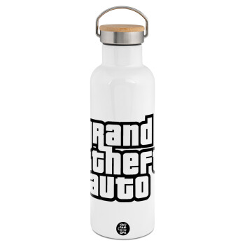 GTA (grand theft auto), Stainless steel White with wooden lid (bamboo), double wall, 750ml