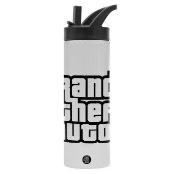 GTA (grand theft auto), Metallic thermos bottle with straw & handle, stainless steel (Stainless steel 304), double-walled, 600ml.