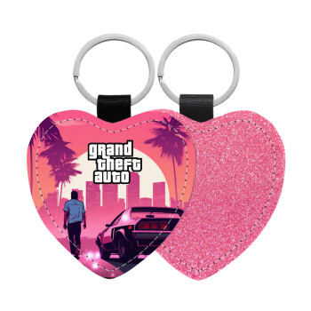 GTA (grand theft auto), Μπρελόκ PU δερμάτινο glitter καρδιά ΡΟΖ
