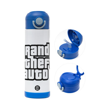 GTA (grand theft auto), Children's hot water bottle, stainless steel, with safety straw, BLUE (500ml)