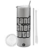 Tumbler ποτήρι θερμό Ασημένιο από ανοξείδωτο ατσάλι 600ml, με μεταλλικό καλαμάκι & βούρτσα καθαρισμού