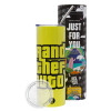 Neon Yellow Travel Tumbler θερμό, μεταλλικό καλαμάκι(Ανωξείδωτο 304 Food grade, BPA free, 600ml)