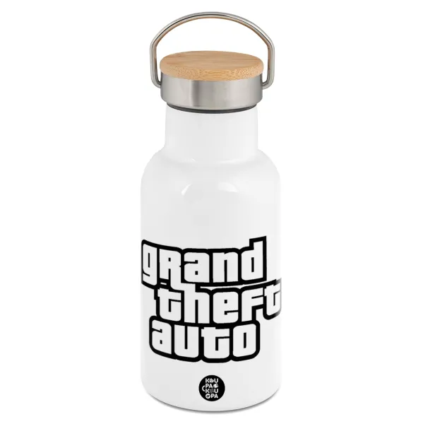 GTA (grand theft auto) — Metallic thermos (Stainless steel) White with wooden lid (bamboo), double-walled, 350ml