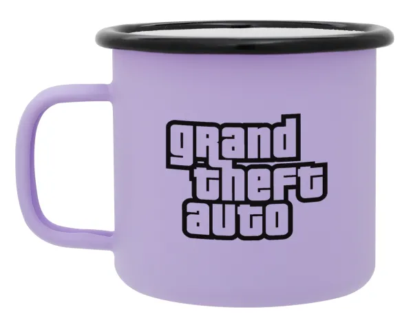 GTA (grand theft auto) — Metal enamel mug, matte light pastel purple, 360ml
