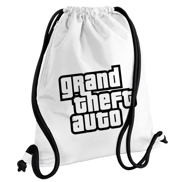 GTA (grand theft auto) — Τσάντα πλάτης πουγκί GYMBAG λευκή, με τσέπη (40x48cm) & χονδρά κορδόνια