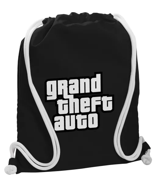 GTA (grand theft auto) — Backpack pouch GYMBAG Black, with pocket (40x48cm) & thick white cords
