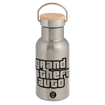 GTA (grand theft auto), Μεταλλικό παγούρι θερμός (Stainless steel) Ασημένιο με ξύλινο καπακι (bamboo), διπλού τοιχώματος, 350ml
