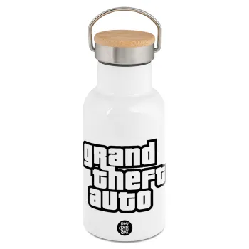 GTA (grand theft auto), Metallic thermos (Stainless steel) White with wooden lid (bamboo), double-walled, 350ml