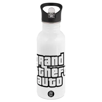 GTA (grand theft auto), White water bottle with straw, stainless steel 600ml