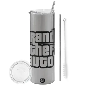 GTA (grand theft auto), Tumbler ποτήρι θερμό Ασημένιο από ανοξείδωτο ατσάλι 600ml, με μεταλλικό καλαμάκι & βούρτσα καθαρισμού
