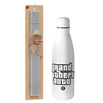 GTA (grand theft auto), Easter Set, metallic stainless thermos bottle (500ml) & scented flat Easter candle (30cm) (GRAY)