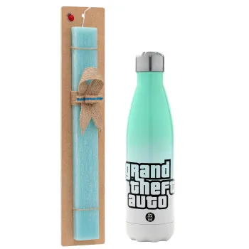 GTA (grand theft auto), Easter Set, Metallic green/white thermos (Stainless steel), double-walled, 500ml & scented flat Easter candle (30cm) (TURQUOISE)