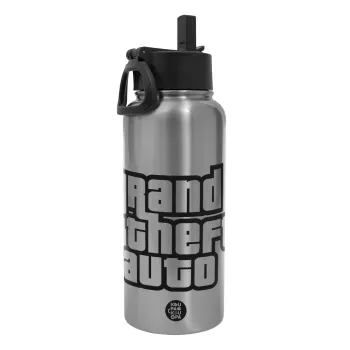 GTA (grand theft auto), Μεταλλικό παγούρι θερμός Silver με καλαμάκι και χερούλι (Stainless steel), διπλού τοιχώματος, 950ml