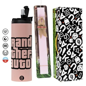 GTA (grand theft auto), Easter candle,Travel Tumbler 2 Lids, with metal straw & cleaning brush & aromatic flat candle (30cm) (PINK)
