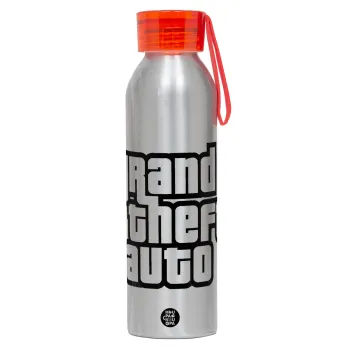 GTA (grand theft auto), Αλουμινένιο Αθλητικό Μπουκάλι 650ml – Ασημί με Κόκκινο Καπάκι και Λουράκι Σιλικόνης