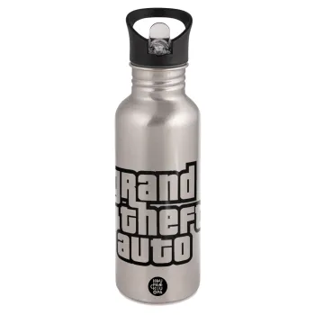 GTA (grand theft auto), Παγούρι νερού Ασημένιο με καλαμάκι, ανοξείδωτο ατσάλι 600ml
