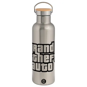 GTA (grand theft auto), Stainless steel Silver with wooden lid (bamboo), double wall, 750ml