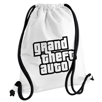 GTA (grand theft auto), Τσάντα πλάτης πουγκί GYMBAG λευκή, με τσέπη (40x48cm) & χονδρά κορδόνια
