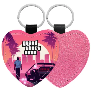 GTA (grand theft auto), Μπρελόκ PU δερμάτινο glitter καρδιά ΡΟΖ