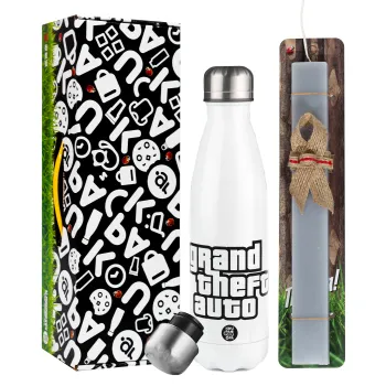 GTA (grand theft auto), Easter candle, metallic white thermos bottle (500ml) & aromatic flat candle (30cm) (GRAY)