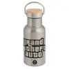 Stainless steel metallic thermos flask, silver with a bamboo lid, double-walled, 350ml.